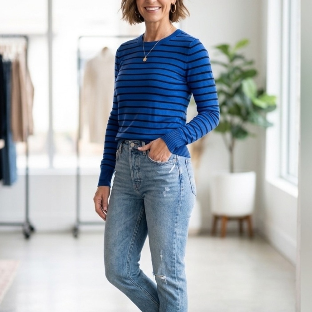 Banana Republic Black Label Silk Cashmere Striped Sweater Blue Black Medium